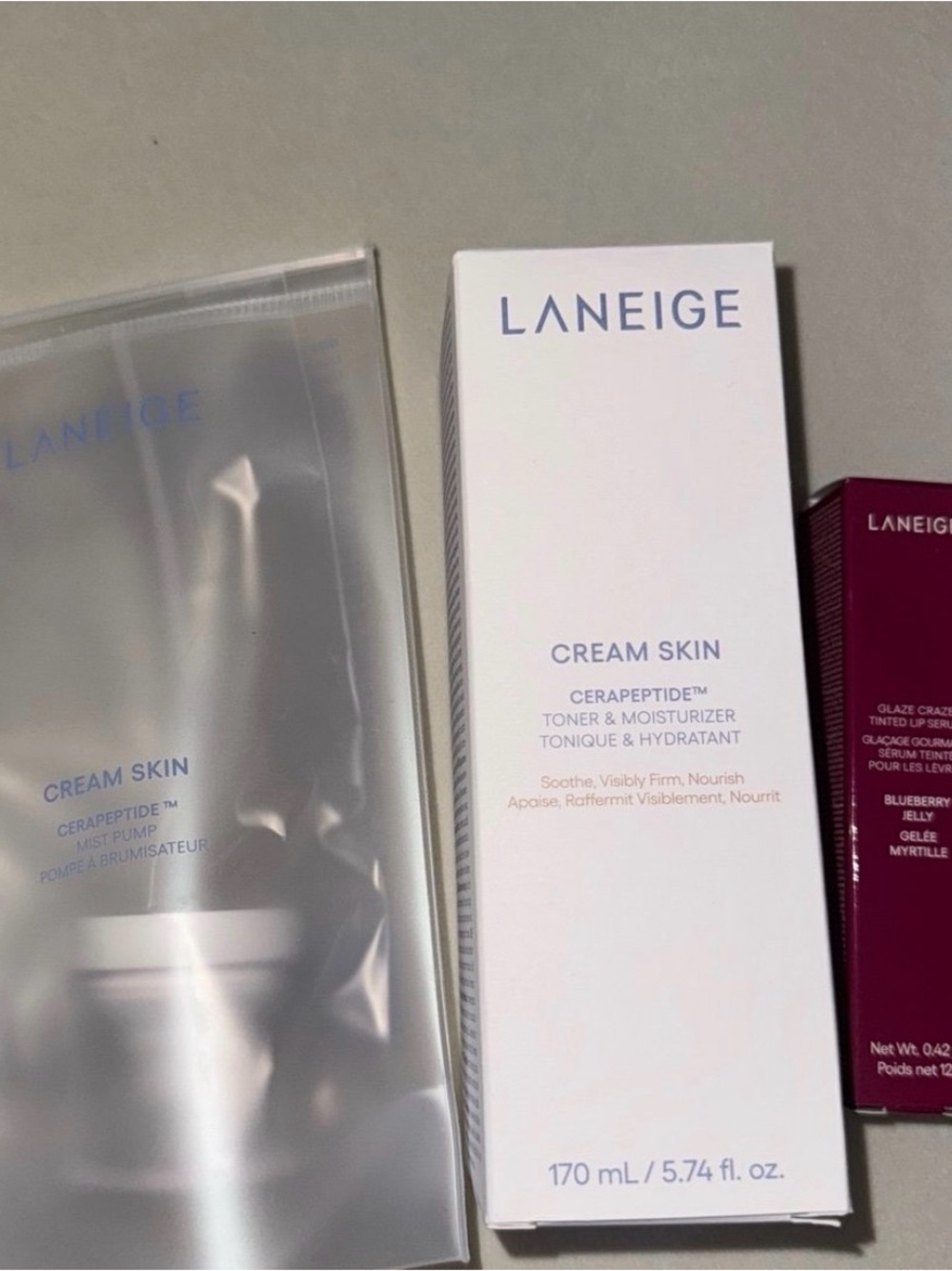 LANEIGE Cream Skin Toner & Pump & Blueberry Jelly Tinted Lip Serum Bundle